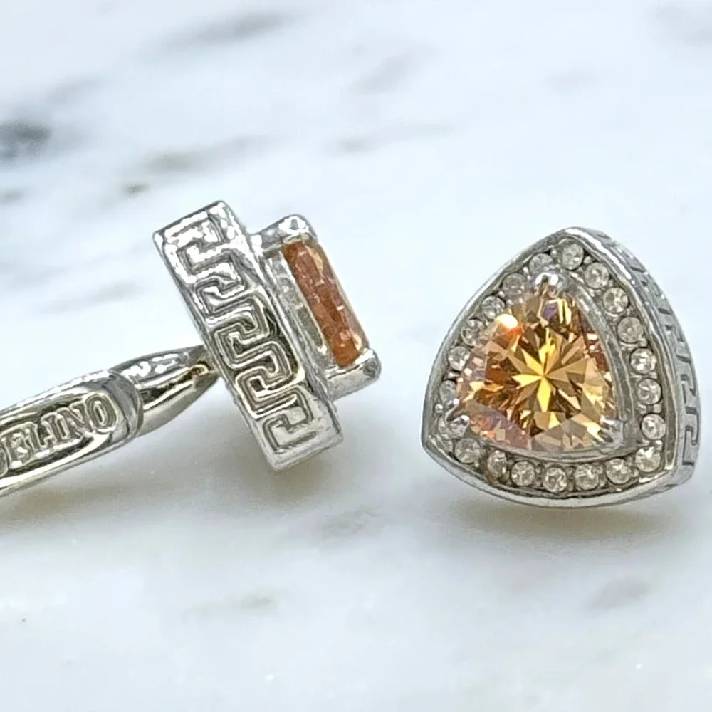 Angelino Silver Tone Orange Rhinestone Meander Border Greek Motif Cufflinks